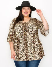 49 PSS {String You Along} Brown Leopard  V-Neck Babydoll Top EXTENDED PLUS SIZE 3X 4X 5X