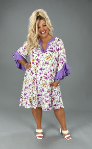 SALE!! 33 CP-C {Floral Dreams} Lavender Floral Ruffle Sleeve Dress PLUS SIZE XL 2X 3X