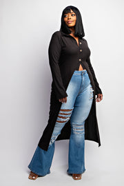 LD-J {Moment To Admire} Black Ribbed Long Cardigan PLUS SIZE 1X 2X 3X