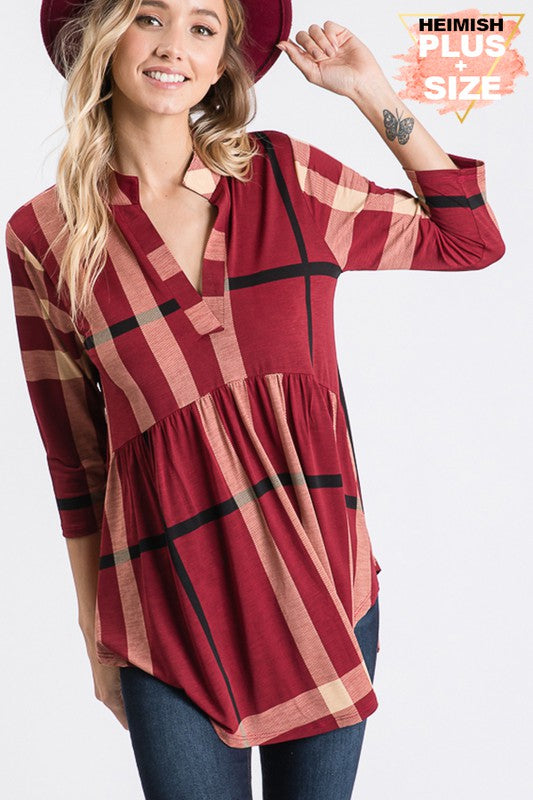 34 PQ {Keep It Stylish} Burgundy/Taupe Plaid Babydoll Top PLUS SIZE 1X 2X 3X