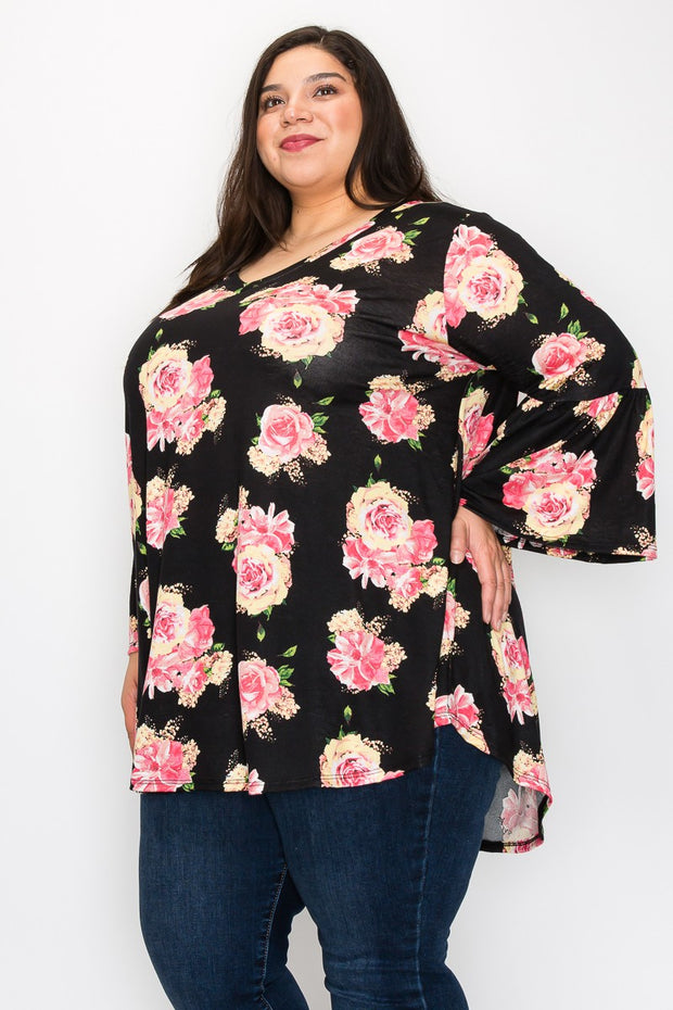 42 PQ {Every Rose} Black/Pink & Yellow Rose Print Top EXTENDED PLUS SIZE 3X 4X 5X