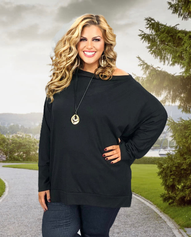 45 SLS-A {Leave You With A Smile} Black Off Shoulder Tunic Plus Size 1X 2X 3X