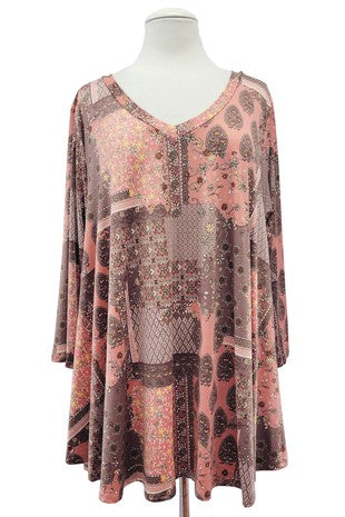 31  PQ {Arizona Skies} Coral & Brown Patchwork V-Neck Top EXTENDED PLUS SIZE 3X 4X 5X