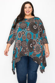 30 PQ {Full Glam} Teal Mandala Print Asymmetrical Top EXTENDED PLUS SIZE 3X 4X 5X (True to Size)