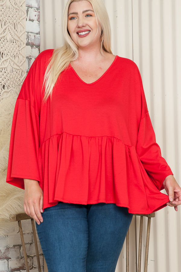 48 SQ {Sweet Poetry} Red V-Neck Peplum Top EXTENDED PLUS SIZE 3X 4X 5X