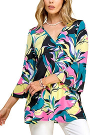 98 PQ {Make The Party} Black/Yellow Floral Print V-Neck Top PLUS SIZE XL 2X 3X