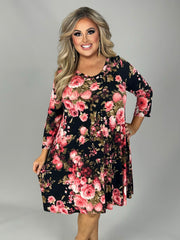 SALE!! 55 PQ-C {Floral Fate} Black Pink Floral Printed Dress PLUS SIZE 1X 2X 3X