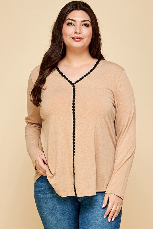 40 SD  [Fancy Expectations} Taupe  V-Neck Black Trimmed Top PLUS SIZE 1X 2X 3X