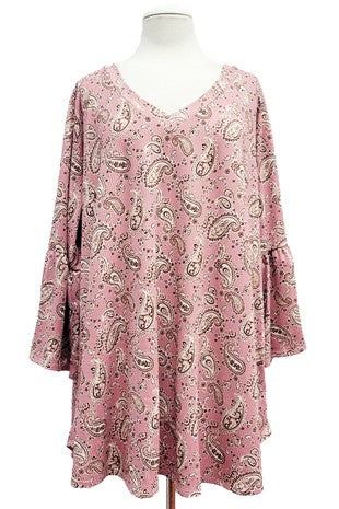 26 PQ {Delightful Paisley} Mauve Paisley Ribbed V- Neck Top EXTENDED PLUS SIZE 3X 4X 5X