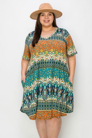 25 PSS {A Spiffy New Look} Rust Mixed Print V-Neck Dress EXTENDED PLUS SIZE 4X 5X 6X