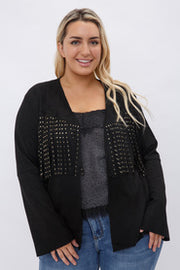 SALE!! 43 OT [Fringe for the Win} VOCAL Black Suede Fringed  Studded Jacket  PLUS SIZE 1X 2X 3X