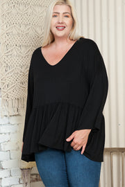 48 SQ {Sweet Poetry} Black V-Neck Peplum Top EXTENDED PLUS SIZE 3X 4X 5X