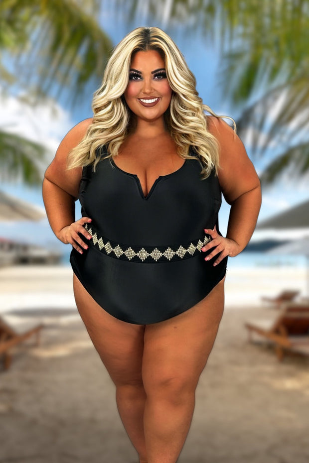 SWIM-X {Hidden Islands} Black/Gold One Piece Swimsuit EXTENDED PLUS SIZE 4X