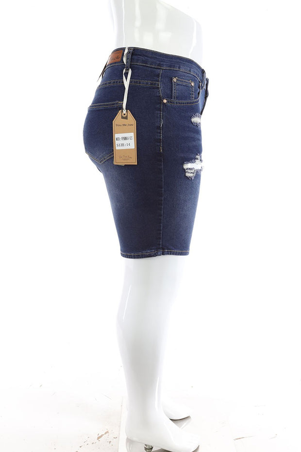 LEG-55 {VINS Me Shorts} Denim Blue Distressed Shorts EXTENDED PLUS SIZE 14 16 18 20 22 24