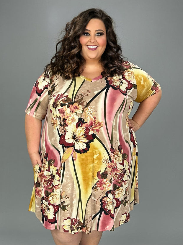 SALE!! 15 PSS-F {Show The World} Taupe/Pink Floral V-Neck Dress EXTENDED PLUS SIZE 3X 4X 5X