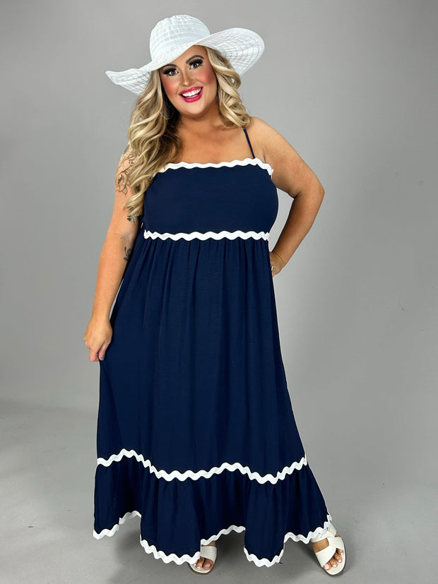 LD-P {Redefining Grace} Navy Maxi Dress w/White Trim PLUS SIZE 1X 2X 3X