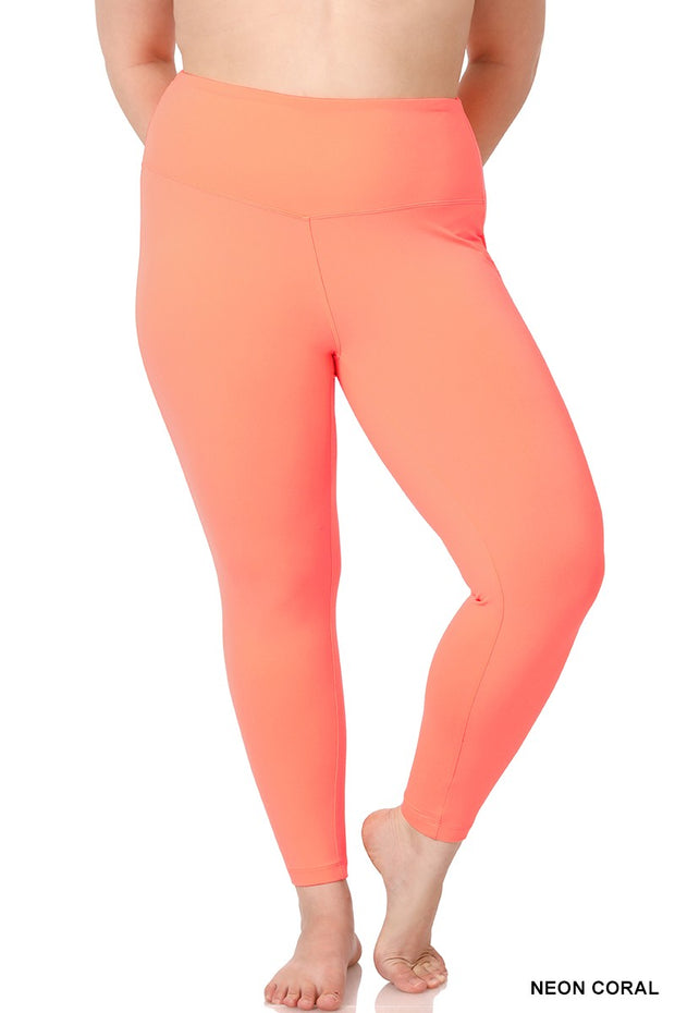 LEG-30 {Sporty Vibe} Neon Coral Wide Waistband Leggings PLUS SIZE 1X 2X 3X