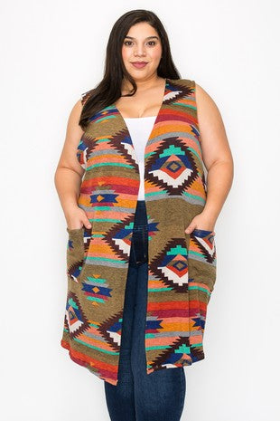 21 OT {El Paso Evenings} Olive Tribal Print Vest w Pockets EXTENDED PLUS 3X 4X