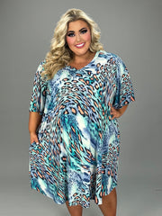 35 PSS-C {Ocean Meets The Wild} Blue/Coral Animal Print Dress EXTENDED PLUS SIZE 3X 4X 5X