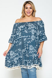 21 OS {Wish You Well} Teal Off Shoulder Paisley Top w/Fringe  CURVY BRAND!!!  PLUS SIZE 1X 2X 3X