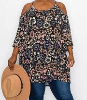 25 OS {You Belong To Me} Black Floral Cold Shoulder Tunic CURVY BRAND!!!  EXTENDED PLUS SIZE 4X 5X 6X