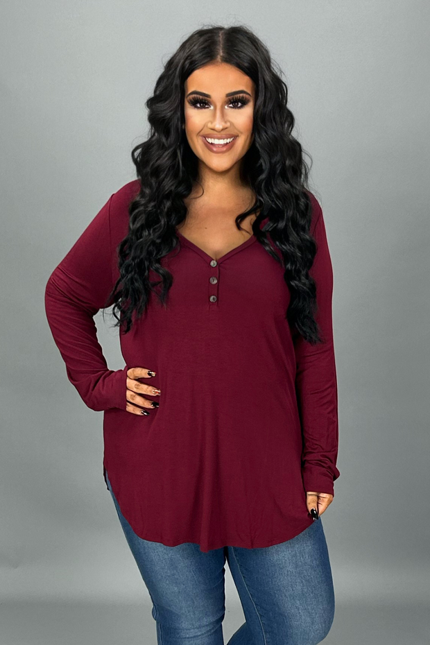 23 SLS {Invested In You} Burgundy Long Sleeve V-Neck Top PLUS SIZE XL 2X 3X