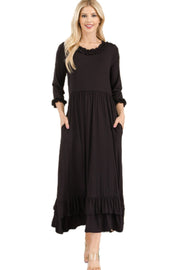 LD-J {Simple Elegance} Black Midi Dress w/Ruffle Trim PLUS SIZE 1X 2X 3X