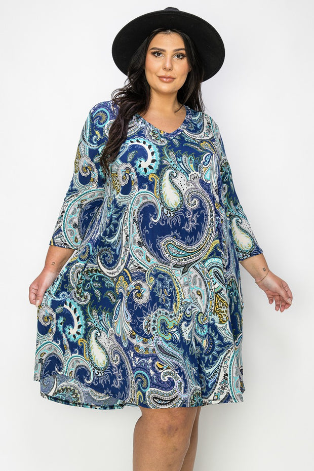 84 PQ {Paisley Me Crazy} Navy Paisley Print V-Neck Dress PLUS SIZE 1X 2X 3X