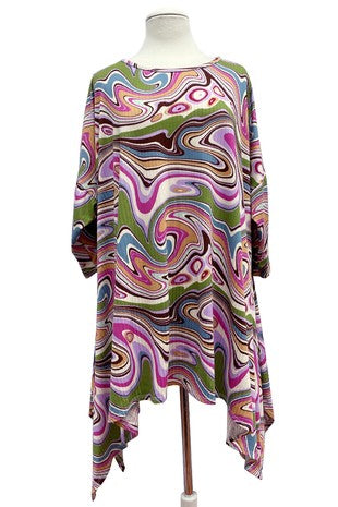 65 PQ {First Swirl} Fuchsia Swirl Print Asymmetrical Top EXTENDED PLUS SIZE 3X 4X 5X