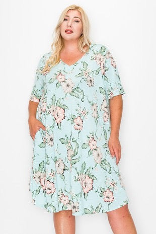 80 PSS {Just Say Yes} Mint Floral V-Neck Dress EXTENDED PLUS SIZE 3X 4X 5X