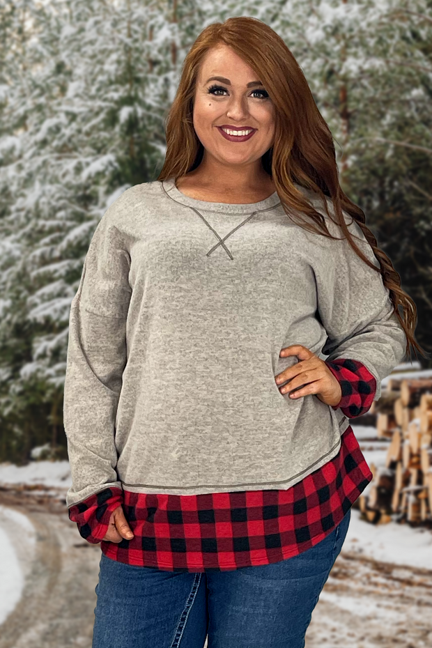 SALE!!  22 CP-G {Clear Your Schedule} Grey Red Plaid Contrast Top  PLUS SIZE XL 2X 3X