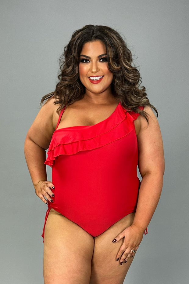 SWIM-A {One Shoulder Wonder} Red Ruffled One Piece Swimsuit PLUS SIZE 1X 2X 3X