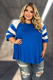 90 CP-E {Curvy Hanging Out} R., Blue Tunic w/ Striped Sleeve PLUS SIZE XL 2X 3X