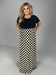 SALE!! LD-C {Checker Board} Black/Cream Checkered Print Maxi Dress PLUS SIZE 1X 2X 3X