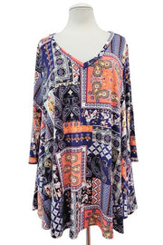 18 PQ [Brisk Stroll} Blue & Orange Paisley  V-Neck Top EXTENDED PLUS SIZE 3X 4X 5X