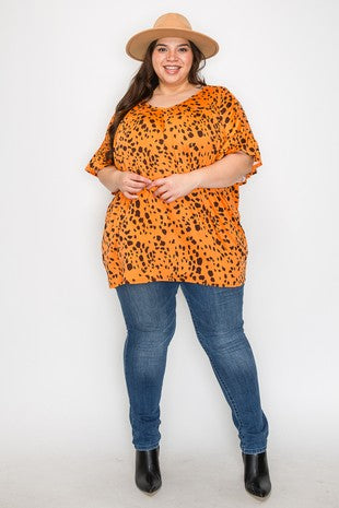 51 PSS {True Feelings} Orange Dalmation Print V-Neck Tunic EXTENDED PLUS SIZE 3X 4X 5X 6X