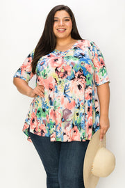 32 PSS {Fresh Blooms} Blue/Multi-Color Floral V-Neck Top EXTENDED PLUS SIZE 3X 4X 5X