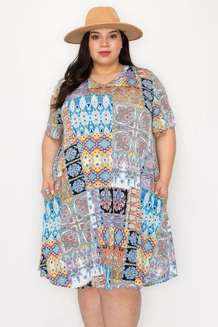 SALE! 22 PSS {In The Office} Blue Multi-Print V-Neck Dress EXTENDED PLUS SIZE 3X 4X 5X