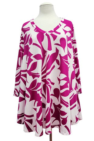 60 PQ {Infusion Of Style} Fuchsia/White Print V-Neck Top EXTENDED PLUS SIZE 3X 4X 5X