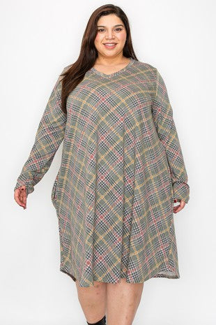 23 PLS {New Found Strength} Olive Plaid Print V-Neck Dress EXTENDED PLUS SIZE 4X 5X 6X