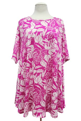 86 PSS {Real Love} Fuchsia Leaf Print Rounded Hem Top EXTENDED PLUS SIZE 3X 4X 5X (True To Size)