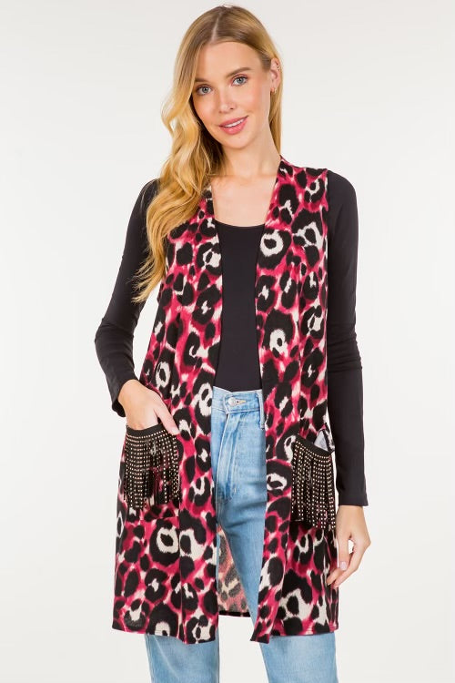 70 OT {Eye Catching} Black/Magenta Leopard Vest w/Pocket PLUS SIZE 1X 2X 3X