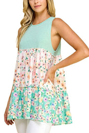 27 SV {Sweet To The Core} Mint Floral Tiered Sleeveless Top PLUS SIZE 1X 2X 3X