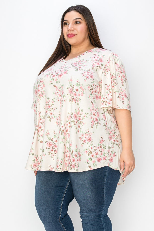 85 PSS {Dainty Jewel} Ivory/Pink Floral V-Neck Top EXTENDED PLUS SIZE 3X 4X 5X