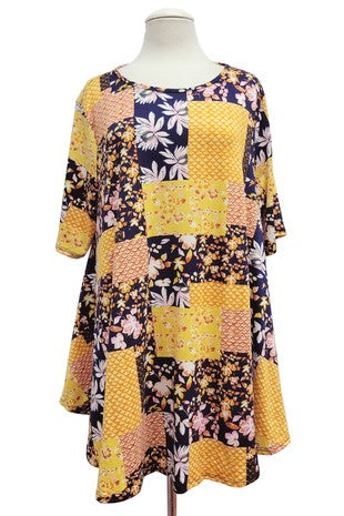 61 PSS {Unstoppable Energy} Extended Plus Yellow/Navy Floral Patchwork Top