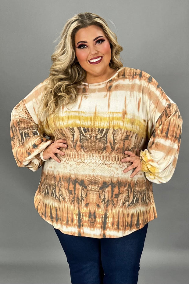 34 PLS {Here We Go Again} Rust/Mustard Mixed Print Top EXTENDED PLUS SIZE 3X 4X 5X