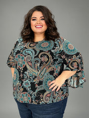 SALE!! 13 PQ {Solving Mysteries} Teal Mandala & Paisley Print Top EXTENDED PLUS SIZE 4X 5X 6X