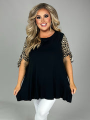 SALE!! 54 CP-A {Cultivated Allure} Blk Leopard Tied Sleeve Contrast Top PLUS SIZE 1X 2X 3X