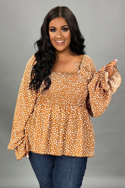 36 PLS {Cool Energy} Rust Print Smocked Top PLUS SIZE 1X 2X 3X