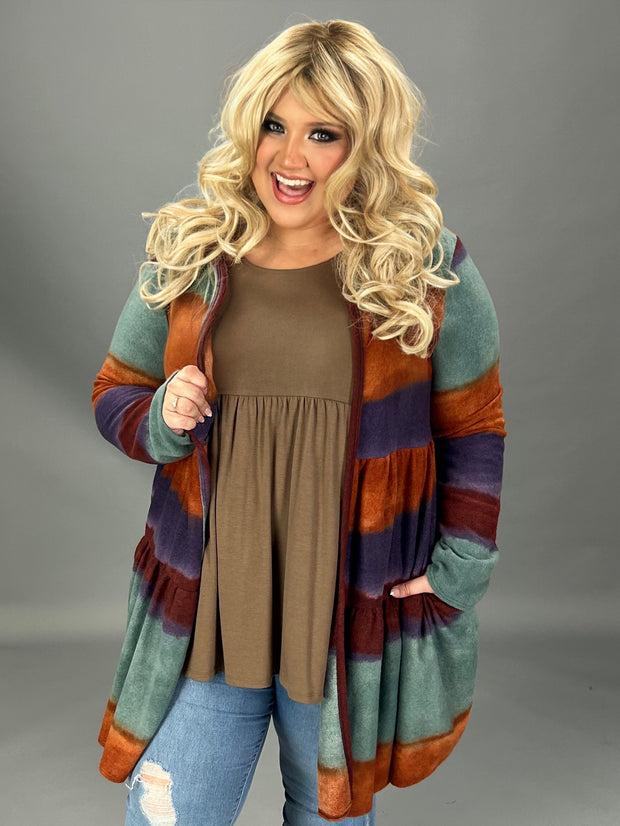 37 OT-E {Positive Steps} Rust Multi-Color Stripe Cardigan  W/Hood PLUS SIZE 1X 2X 3X